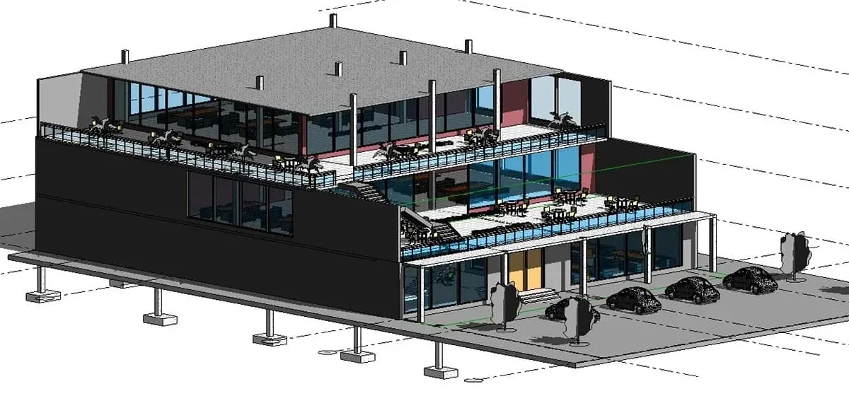 Revit BIM model of a three-storey cafe with terraces, columns and levels