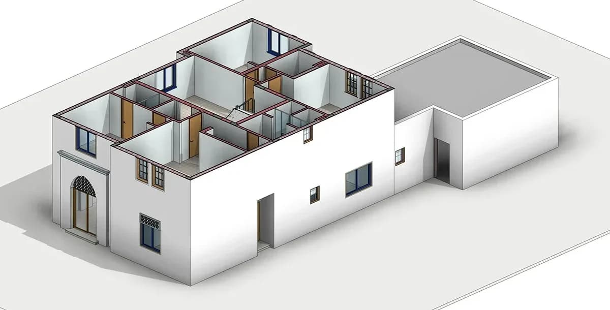 BIM model of a two-storey villa cut open above the ground floor, showing walls, doors and windows