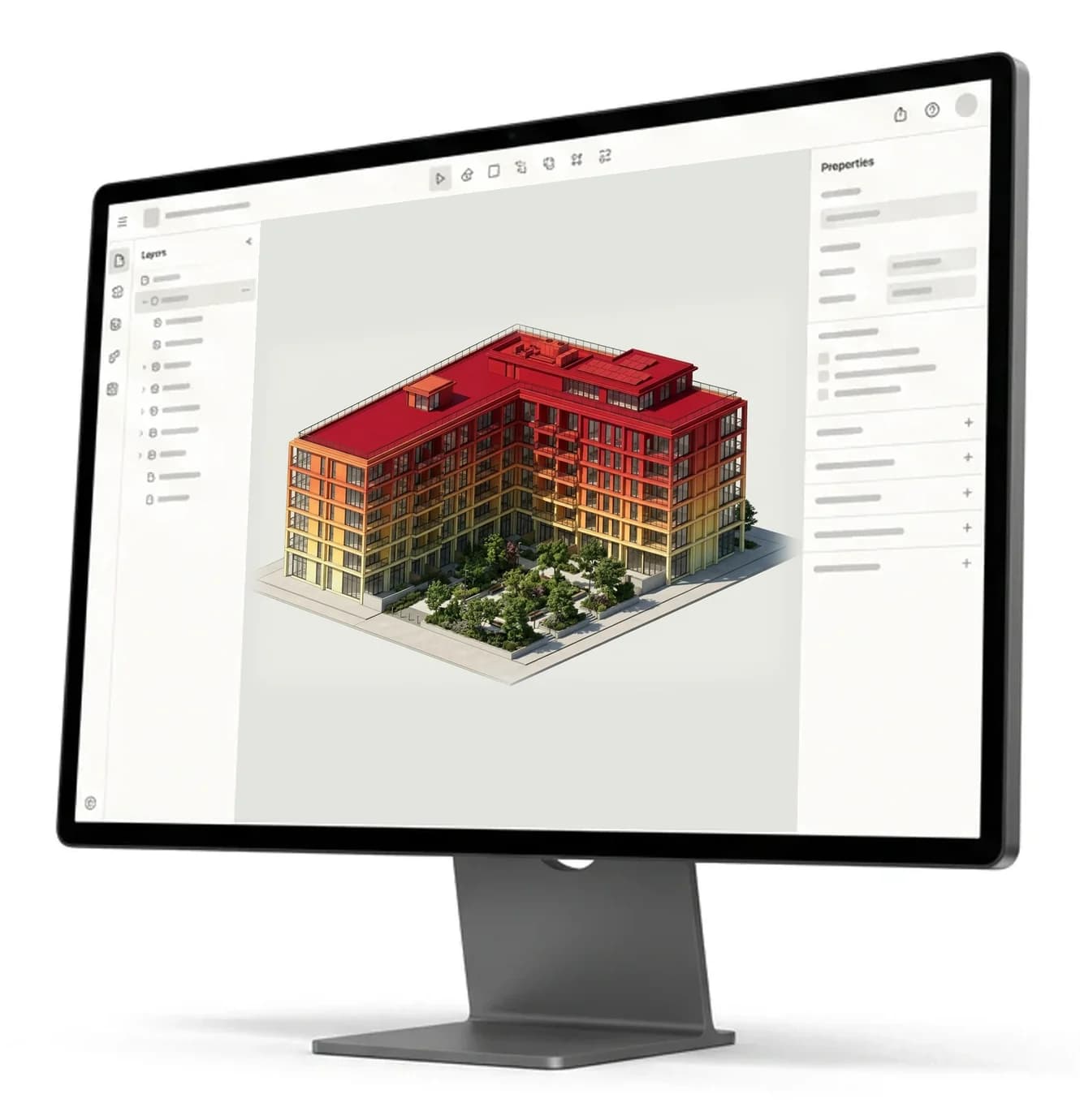 Building massing coloured as a sun exposure heatmap