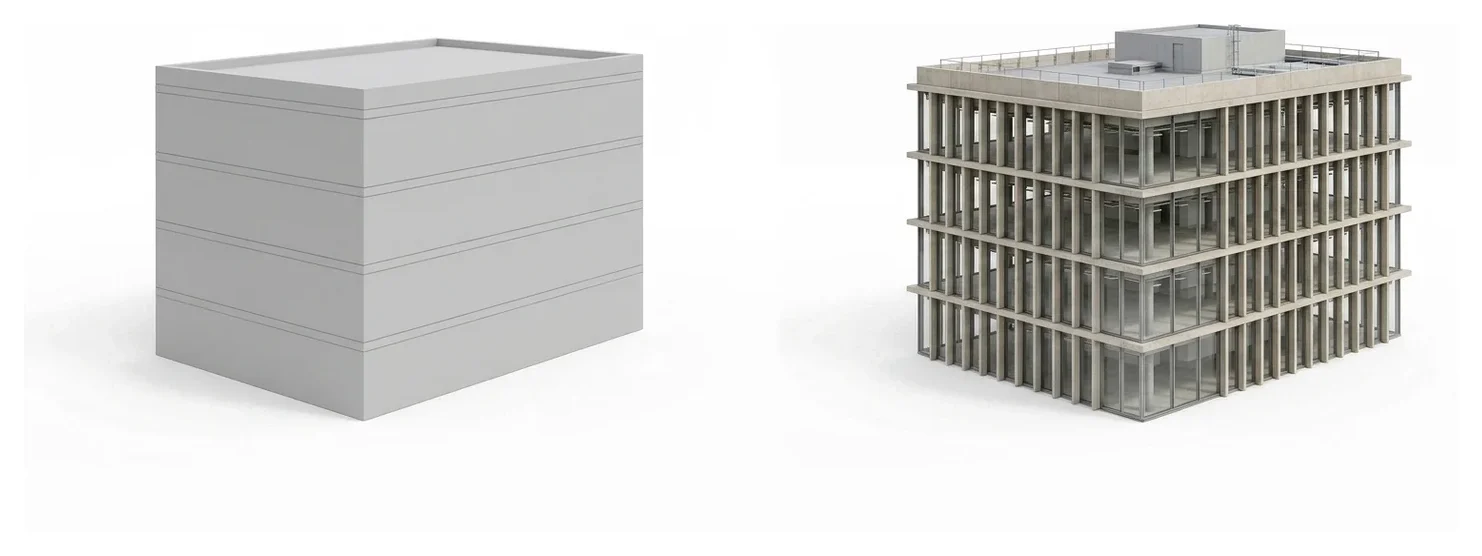 A plain massing block next to the BIM building generated from it