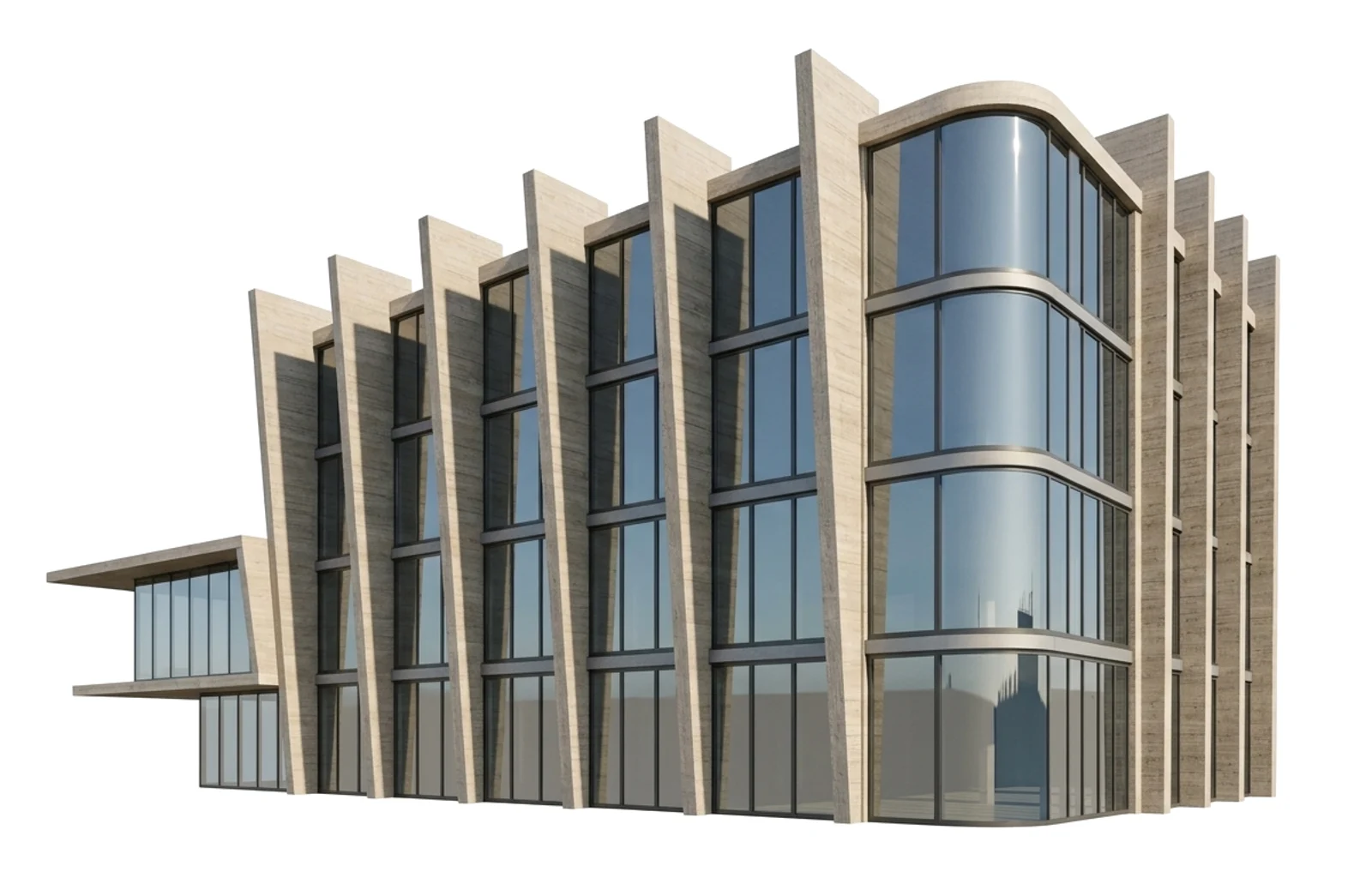 Photoreal render of the generated building