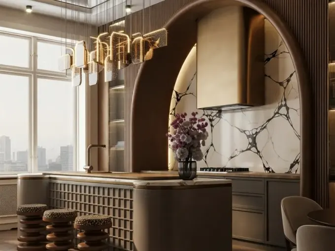 An art deco marble kitchen rendered with MeltFlex AI, shown as a Facebook post