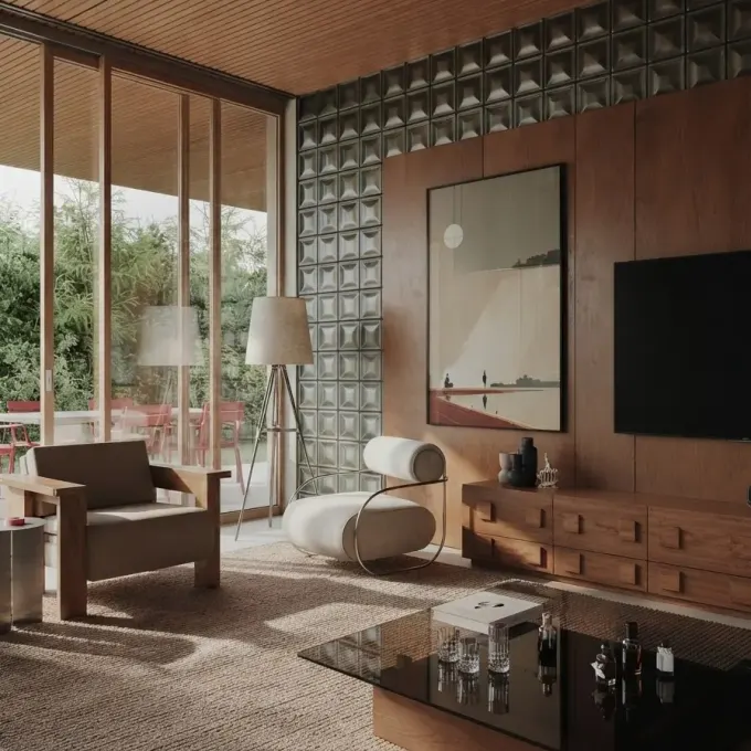 A walnut-panelled living room redesigned with MeltFlex AI, shown as an Instagram post