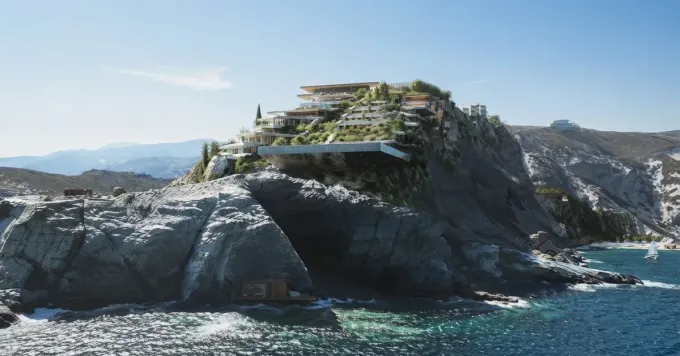 A clifftop villa rendered with MeltFlex AI, shown as a LinkedIn link card