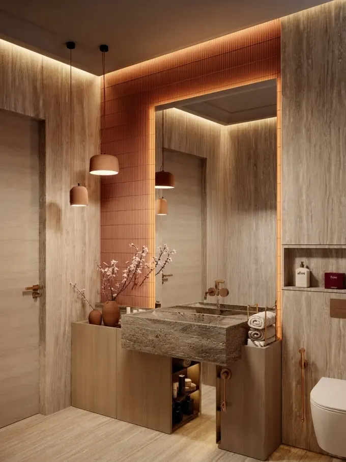 A travertine and blush bathroom rendered with MeltFlex AI, shown as a Pinterest pin