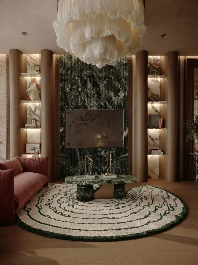 A green marble arch living room rendered with MeltFlex AI, shown as a Pinterest pin