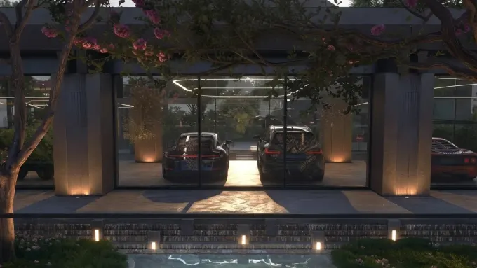 A lit garden and pool redesigned with MeltFlex AI, shown as a post on X