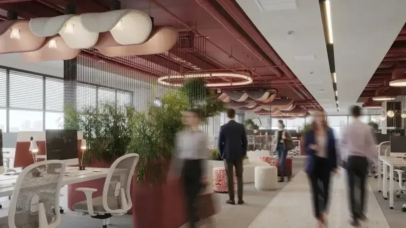 Open plan office with people walking in motion blur