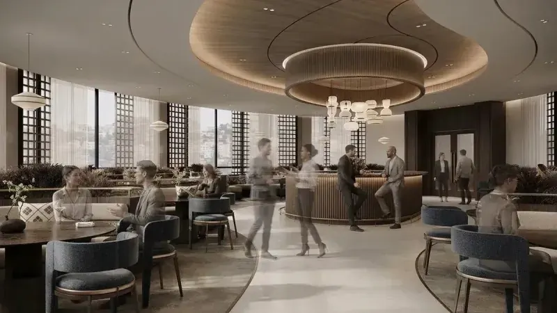 Hotel lounge with translucent ghosted figures