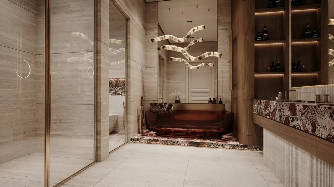 AI bathroom design render of a hammam style bathroom with a burgundy terrazzo bench