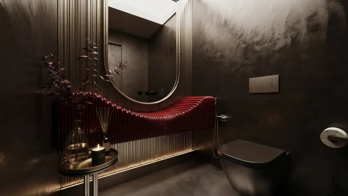 AI bathroom design render of a dramatic powder room with a rippled red glass counter