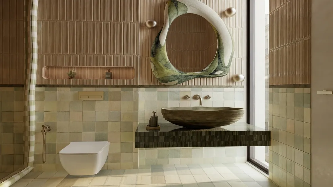 AI bathroom design render of a guest bathroom with green zellige tiles and an organic mirror