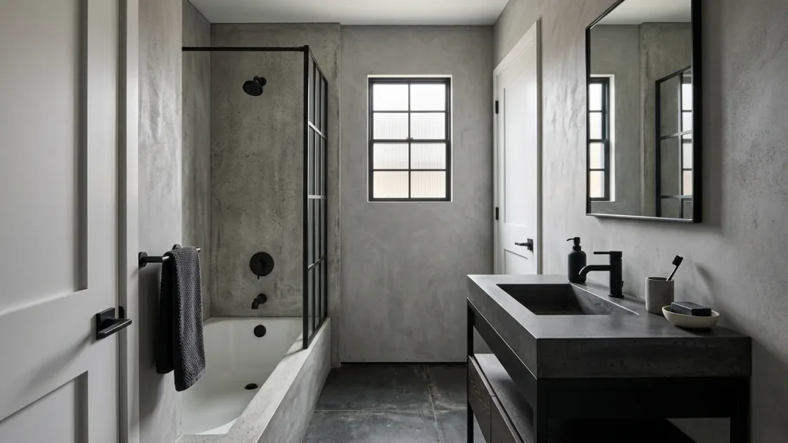 Same bathroom restyled into an industrial design