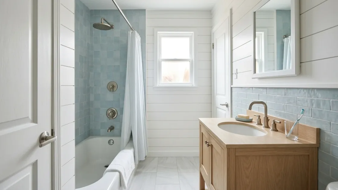 Same bathroom restyled into a coastal design