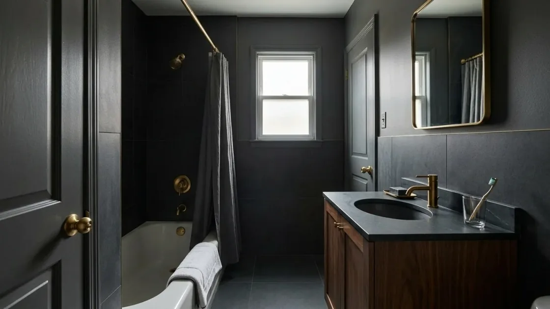 Same bathroom restyled into a moody dark design