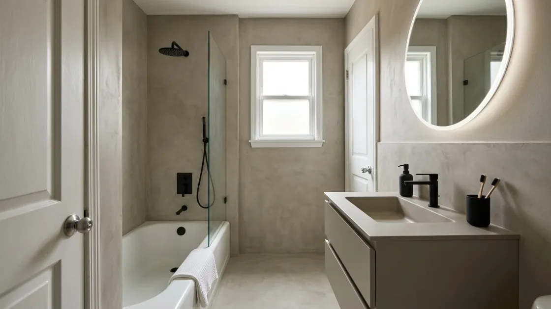 Same bathroom restyled into a micro-cement minimalist design