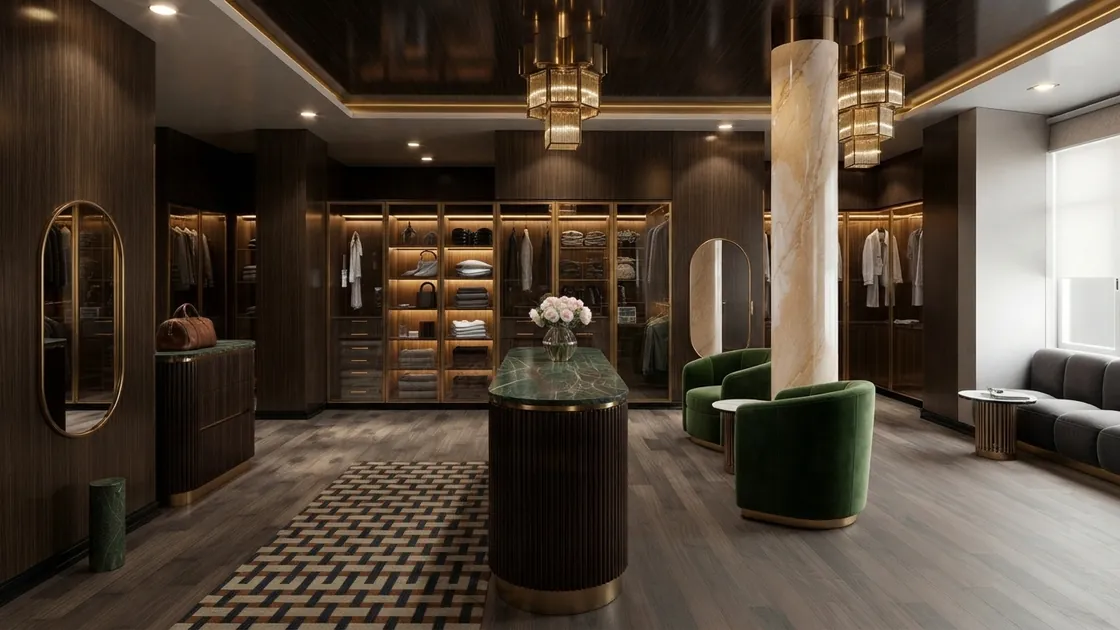 AI render of a boutique luxury closet with a fluted island and green velvet armchairs