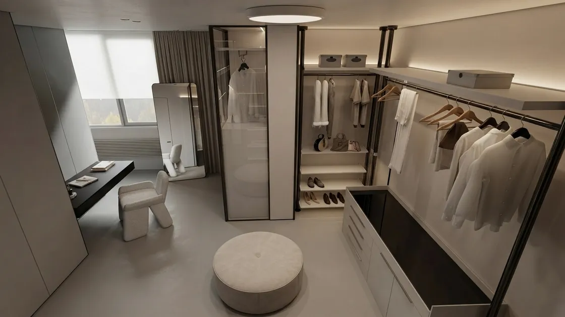 AI render of a minimal walk-in closet behind a smoked glass partition