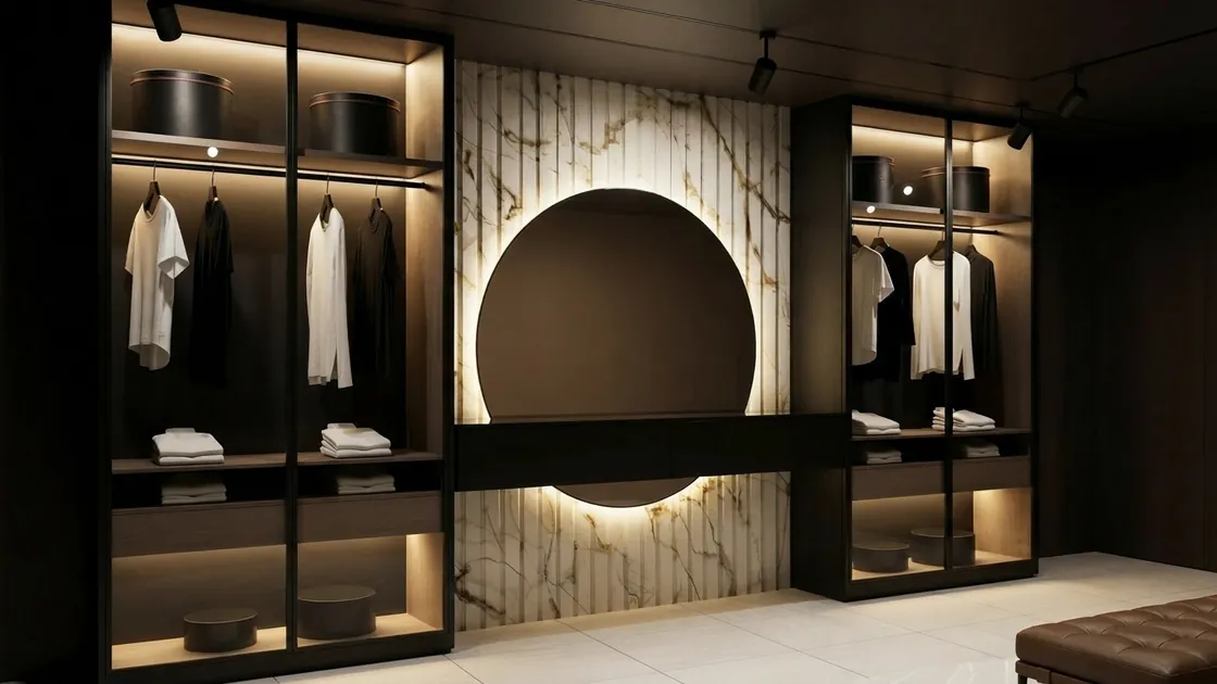 AI render of a glam wardrobe with a backlit marble arch wall and black glass doors