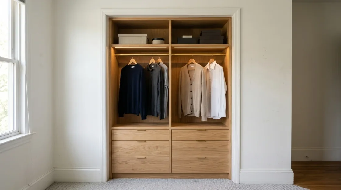 The same closet rebuilt in warm natural oak