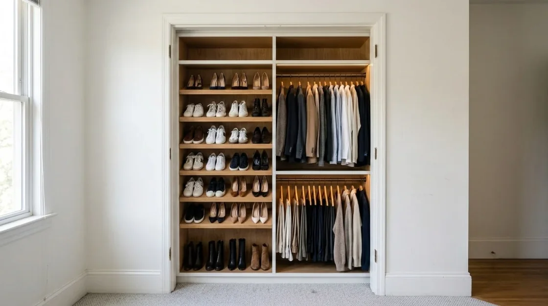 The same closet rebuilt with a full shoe wall and double hanging