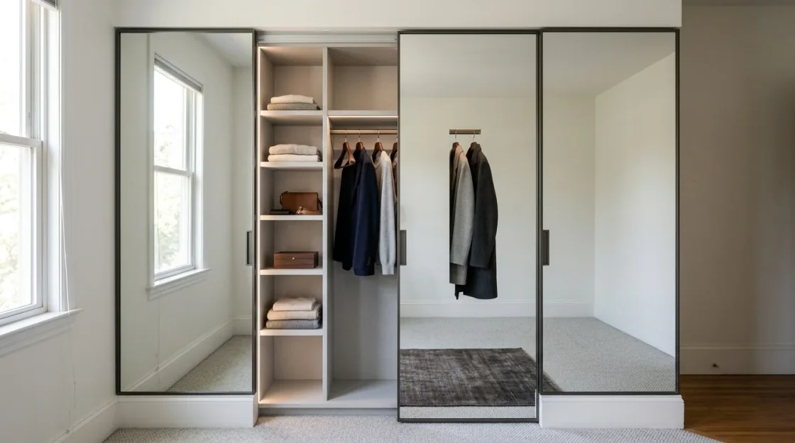 The same closet with full-height mirrored sliding doors