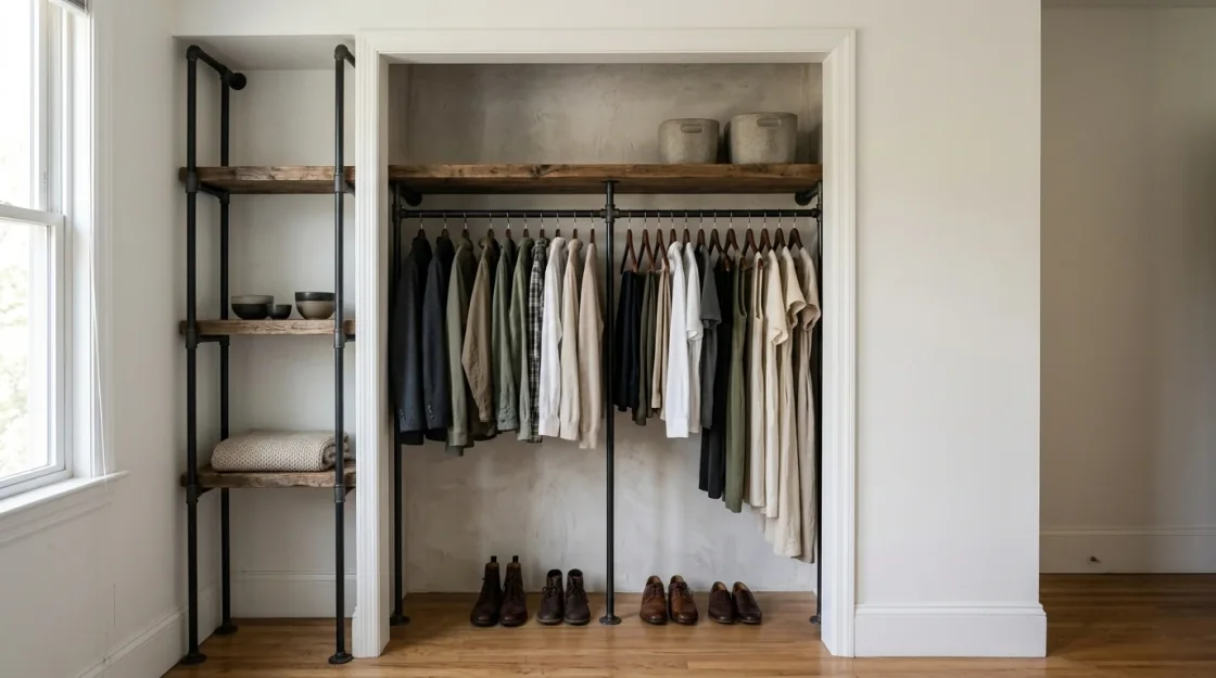 The same closet rebuilt as an open industrial rail system