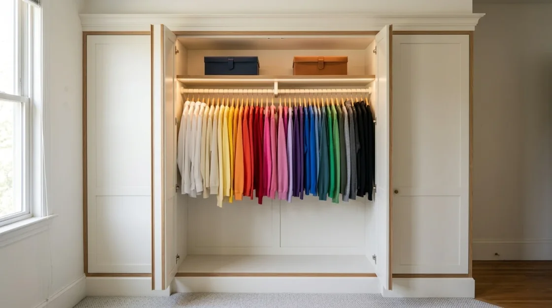 The same closet with colour-coded hanging clothes
