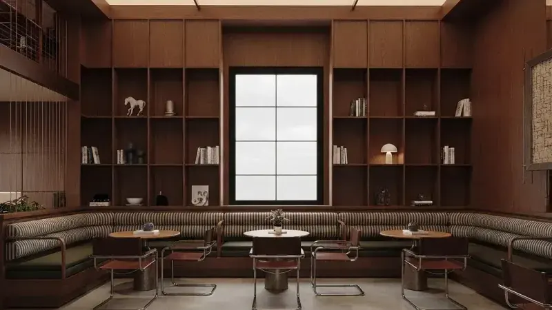 Warm walnut cafe with banquettes example