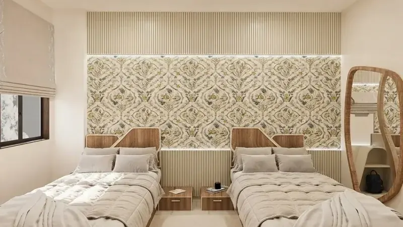 Double dorm room with two twin beds example