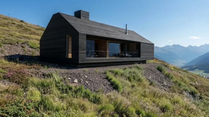 AI exterior design — blackened timber cabin on an alpine meadow with mountain peaks behind