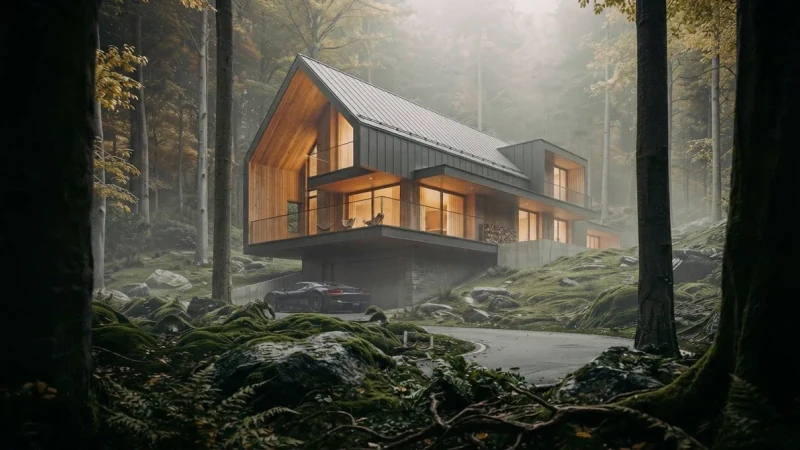 AI exterior design — timber and glass house among mossy boulders in a forest