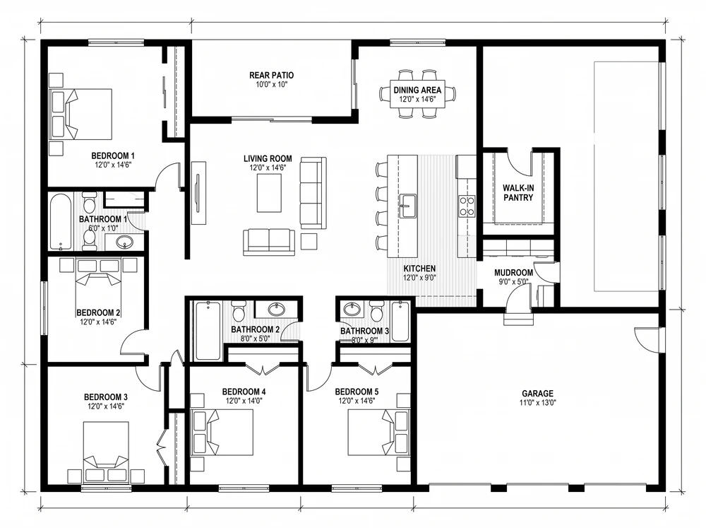 5 bed barndominium, 2,800 sq ft, three-car garage