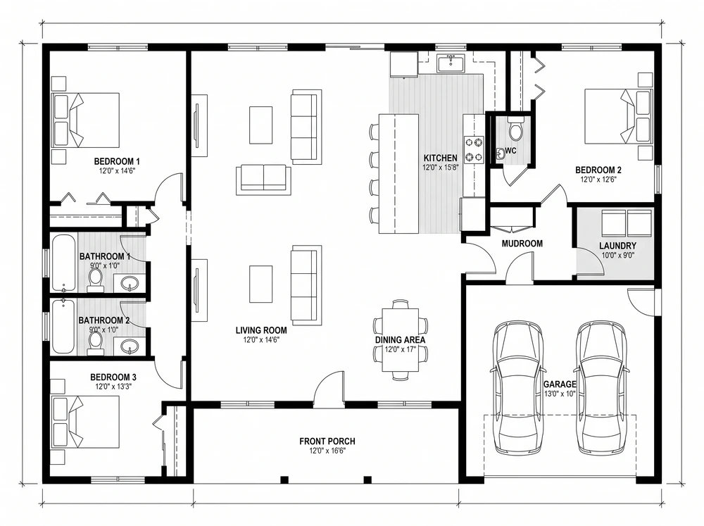 3 bed, 2 bath ranch, 1,600 sq ft, open plan, two-car garage