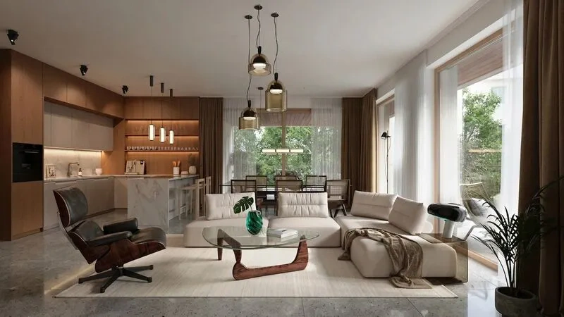 Living room with polished concrete flooring