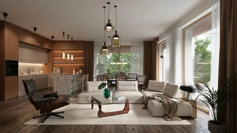 Living room with dark walnut hardwood flooring