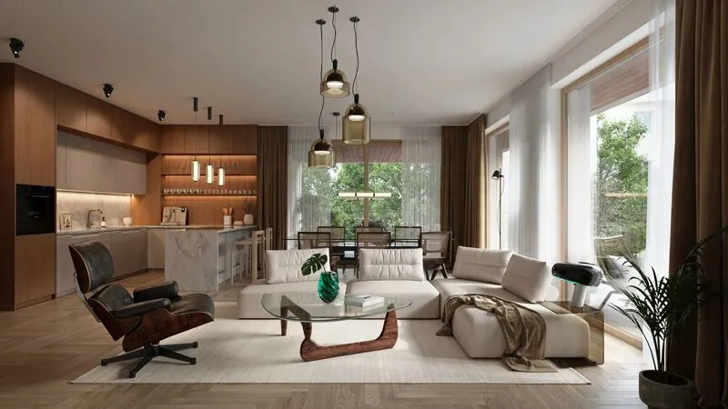 Living room with herringbone parquet flooring