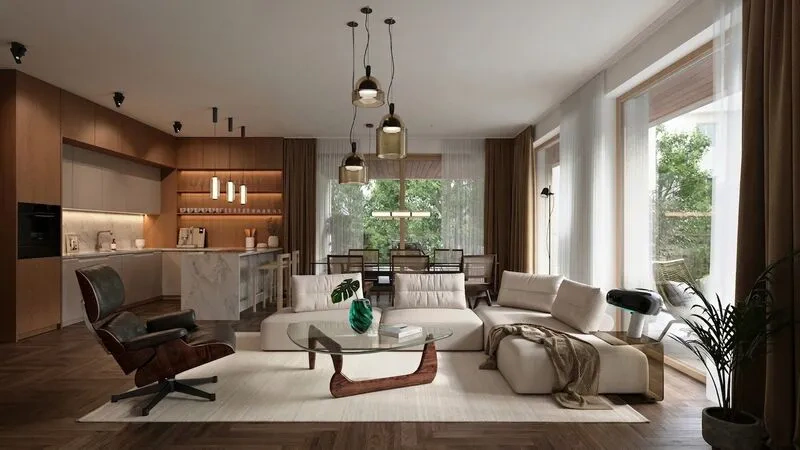 Living room with rustic wood flooring