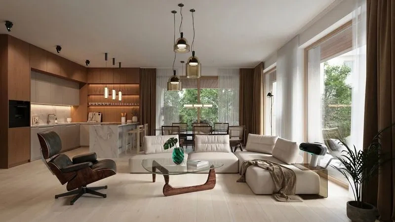 Living room with white oak flooring