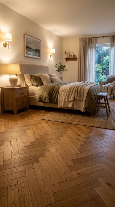 Bedroom with herringbone wood floor