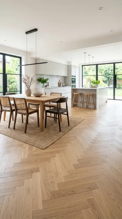 Dining room with herringbone parquet