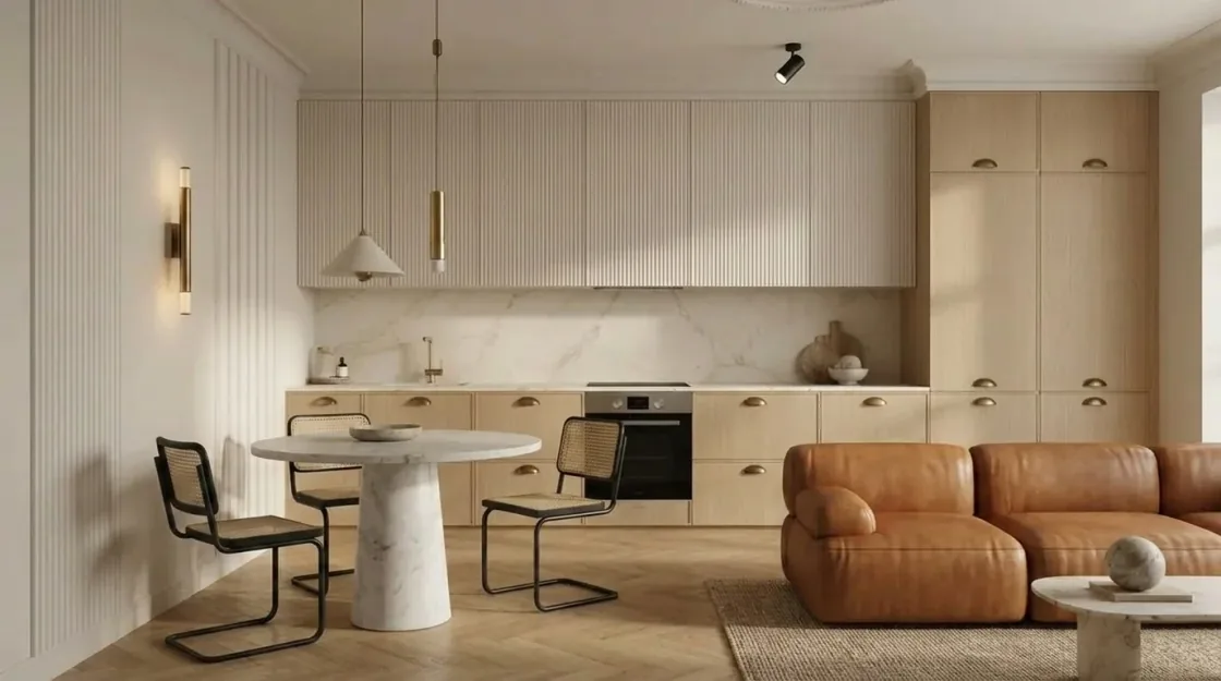Same room with a white marble pedestal dining table