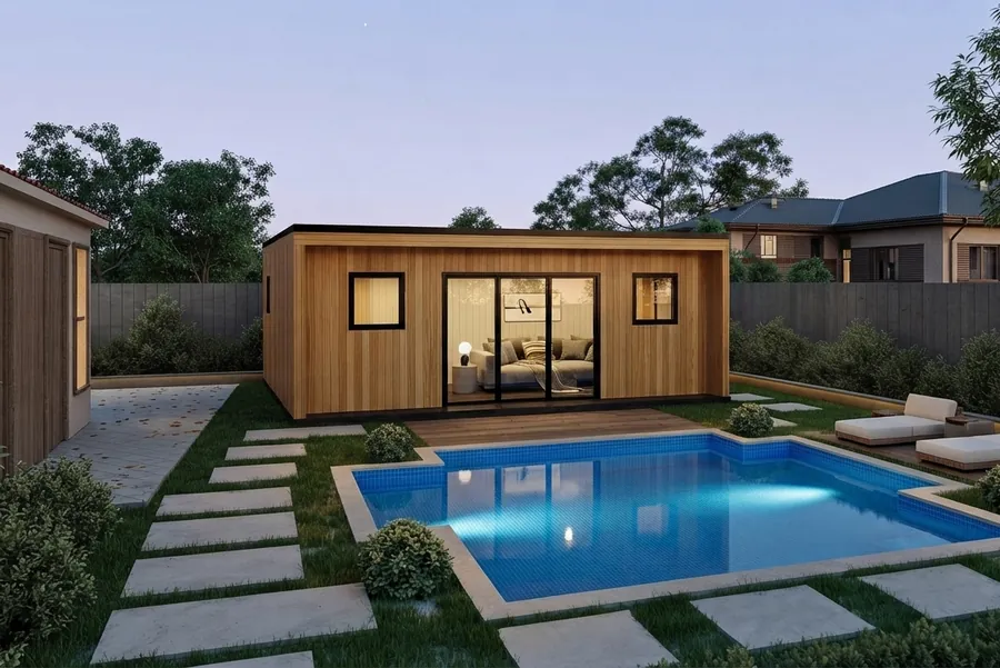 AI render of a backyard garden with a wooden cabin and a small pool
