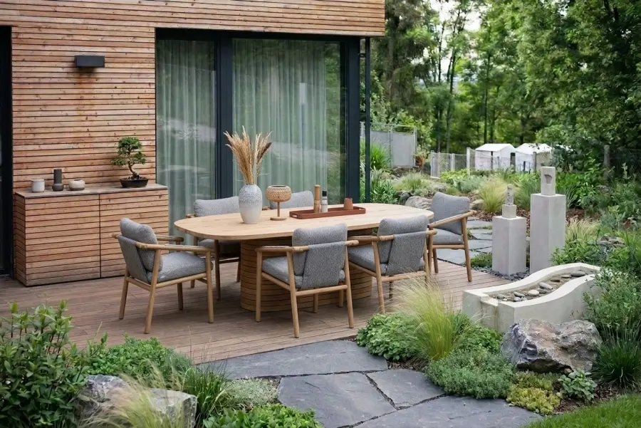 AI outdoor dining area with modern garden