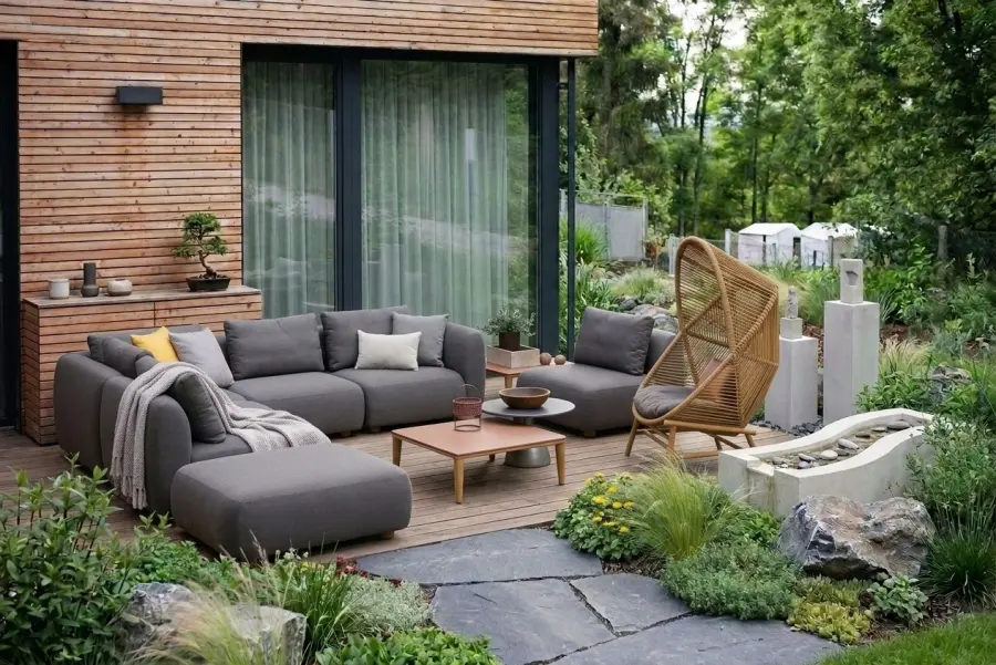 AI cozy garden lounge with designer furniture
