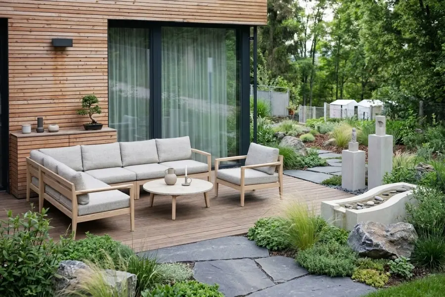 AI bright garden terrace with natural wood