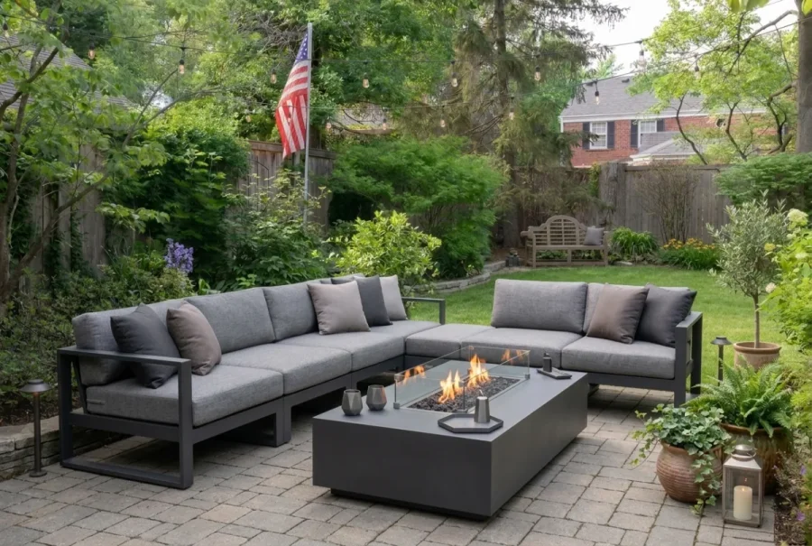 Modern lounge with fire pit on same patio