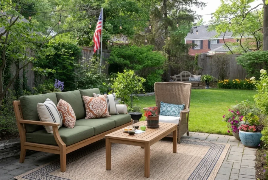 Refined classic patio with teak and olive cushions