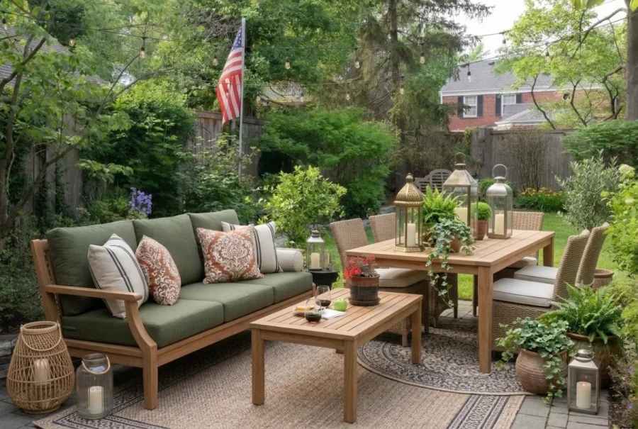 Natural teak outdoor furniture with olive cushions