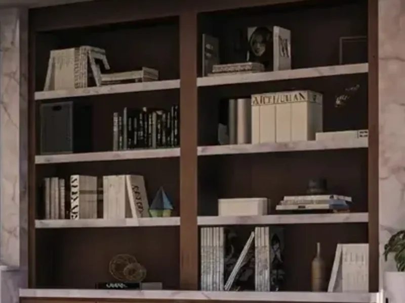 Book spines on the shelves, source render enlarged at 100%